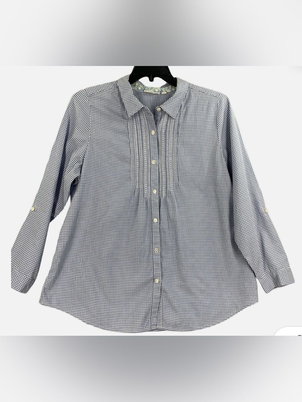 J.Jill L Uncommon Threads Blue White Gingham Embroidered Eyelet Gathered Shirt